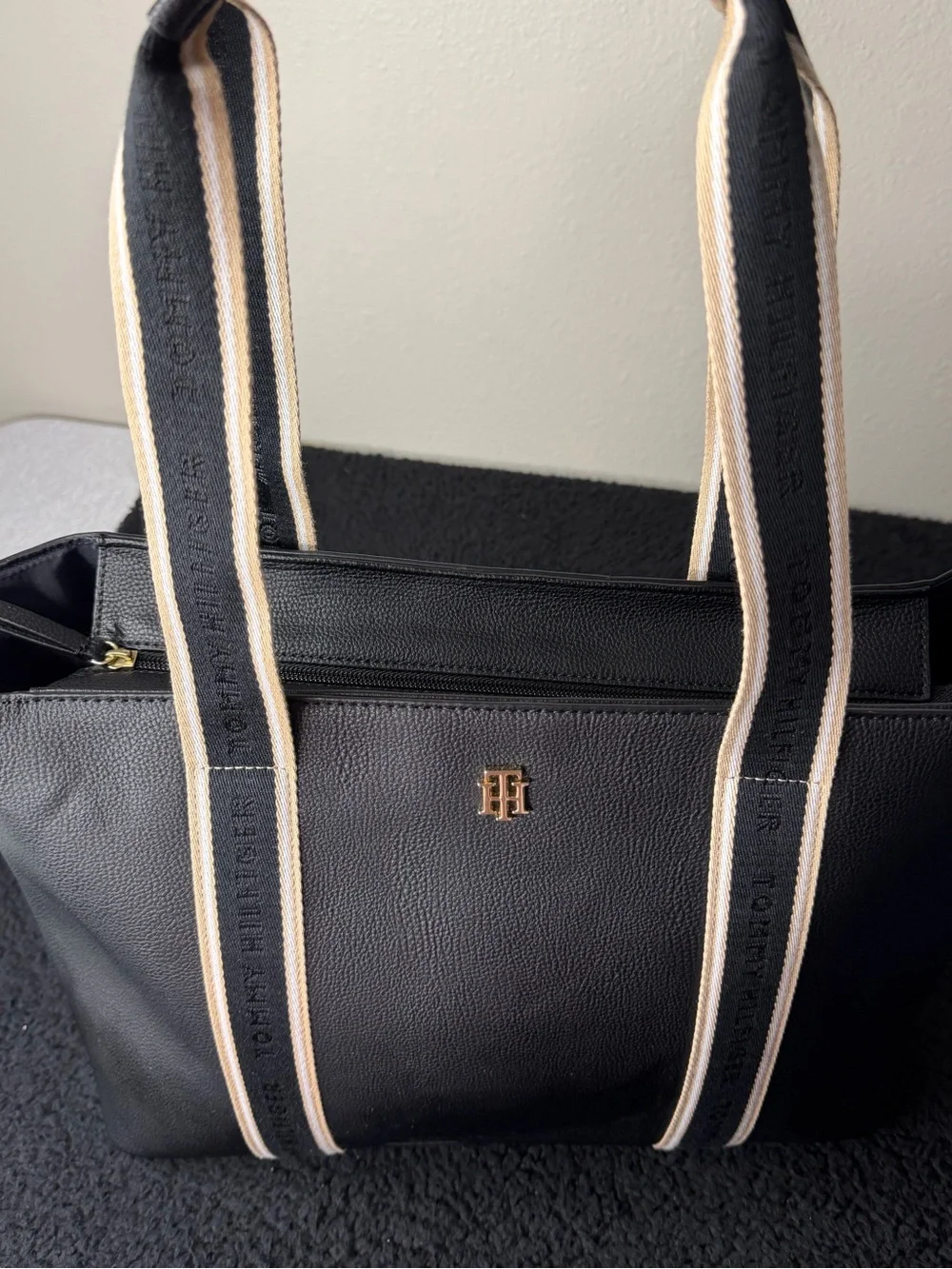 Tommy Hilfiger Black Pebbled Tote with Cream and Black Striped Webbing Straps